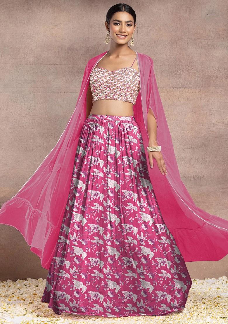 Fuchsia Pink Lehenga Set With Sequin Hand Embroidered Blouse And Mesh Jacket