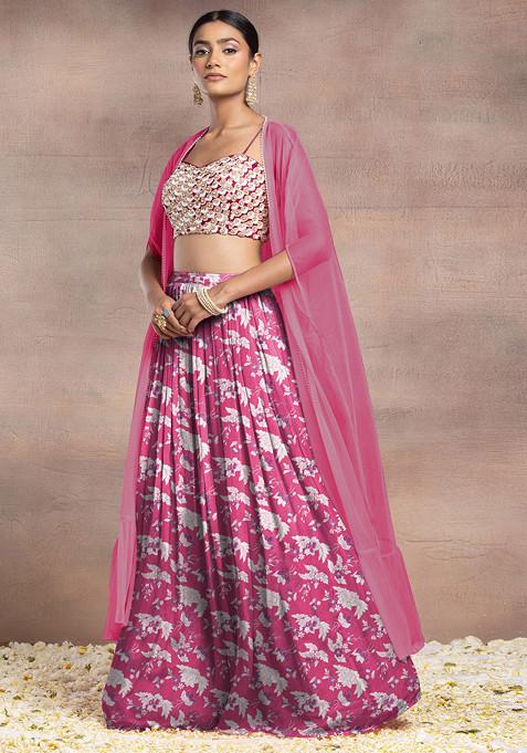 Fuchsia Pink Lehenga Set With Sequin Hand Embroidered Blouse And Mesh Jacket