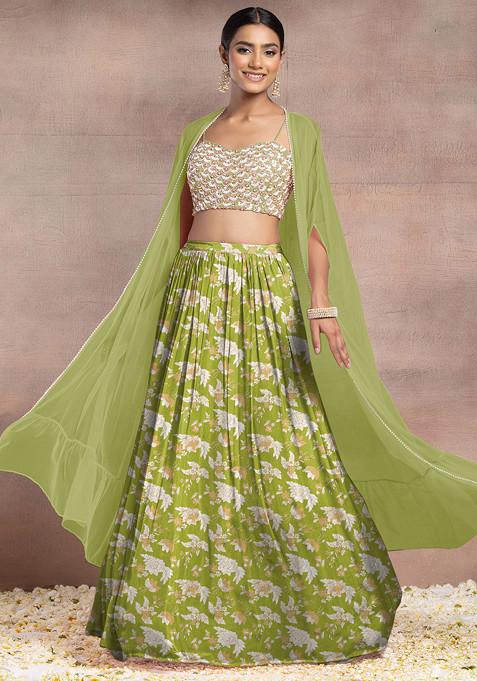 Light Green Lehenga Set With Sequin Hand Embroidered Blouse And Mesh Jacket