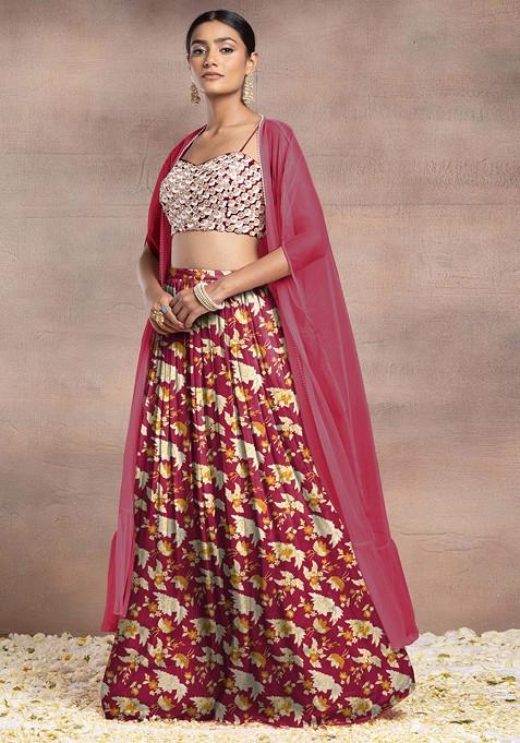 Red Lehenga Set With Sequin Hand Embroidered Blouse And Mesh Jacket