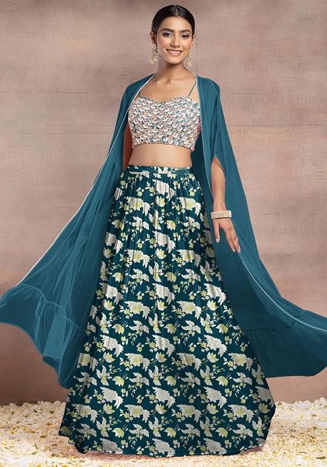 Green Lehenga Set With Sequin Hand Embroidered Blouse And Mesh Jacket