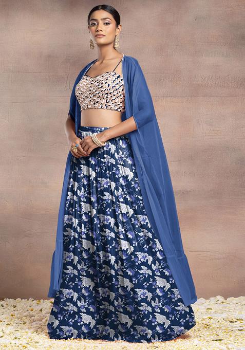 Blue Lehenga Set With Sequin Hand Embroidered Blouse And Mesh Jacket