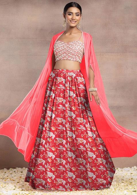 Pink Lehenga Set With Sequin Hand Embroidered Blouse And Mesh Jacket