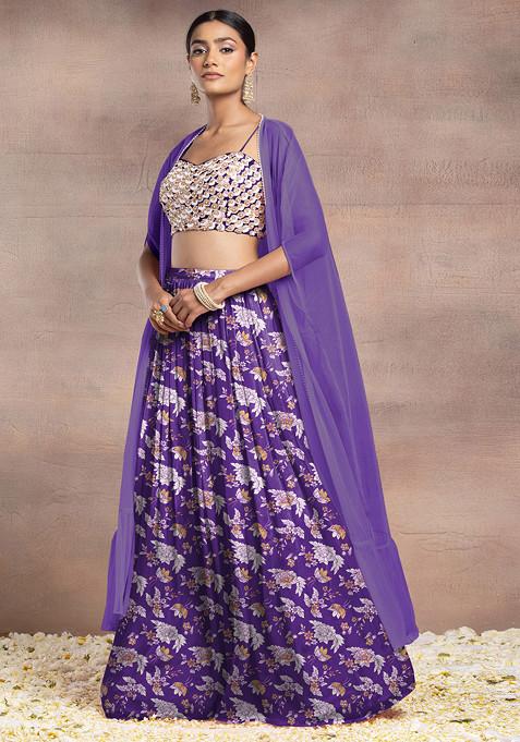 Purple Lehenga Set With Sequin Hand Embroidered Blouse And Mesh Jacket