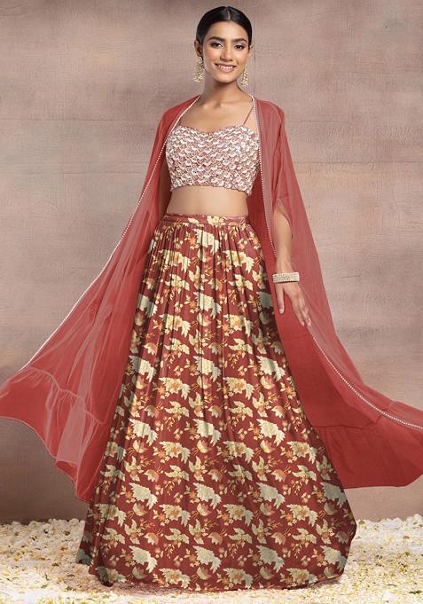 Brown Lehenga Set With Sequin Hand Embroidered Blouse And Mesh Jacket