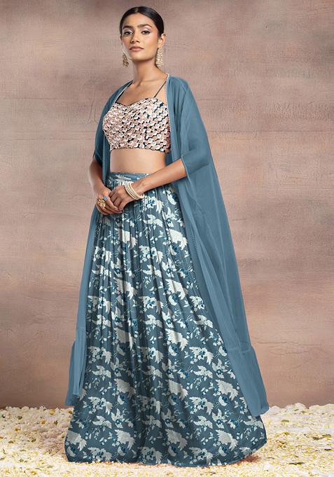 Light Blue Lehenga Set With Sequin Hand Embroidered Blouse And Mesh Jacket