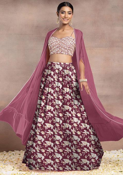 Dark Brown Lehenga Set With Sequin Hand Embroidered Blouse And Mesh Jacket