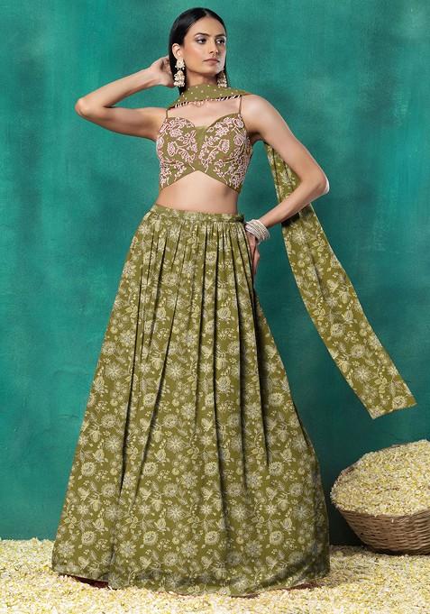 Light Green Lehenga Set With Floral Hand Embroidered Blouse And Choker Dupatta