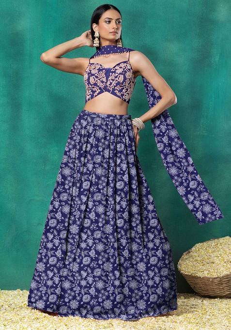 Blue Lehenga Set With Floral Hand Embroidered Blouse And Choker Dupatta