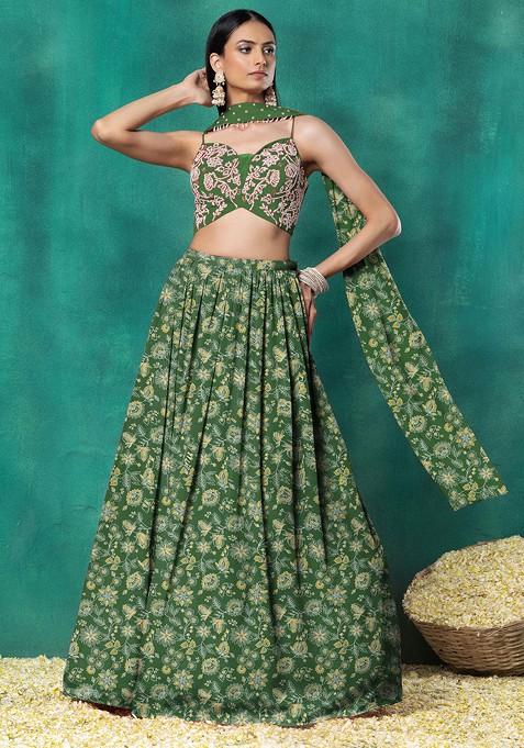 Green Lehenga Set With Floral Hand Embroidered Blouse And Choker Dupatta