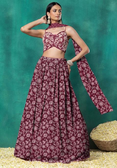 Maroon Lehenga Set With Floral Hand Embroidered Blouse And Choker Dupatta