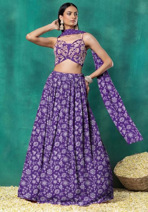 Purple Lehenga Set With Floral Hand Embroidered Blouse And Choker Dupatta