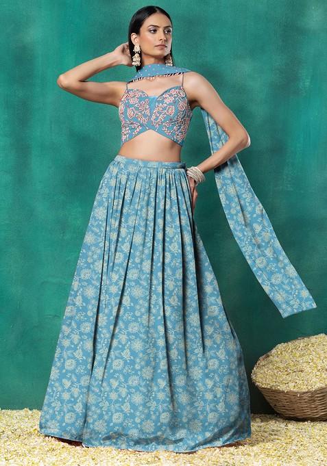 Sky Blue Lehenga Set With Floral Hand Embroidered Blouse And Choker Dupatta