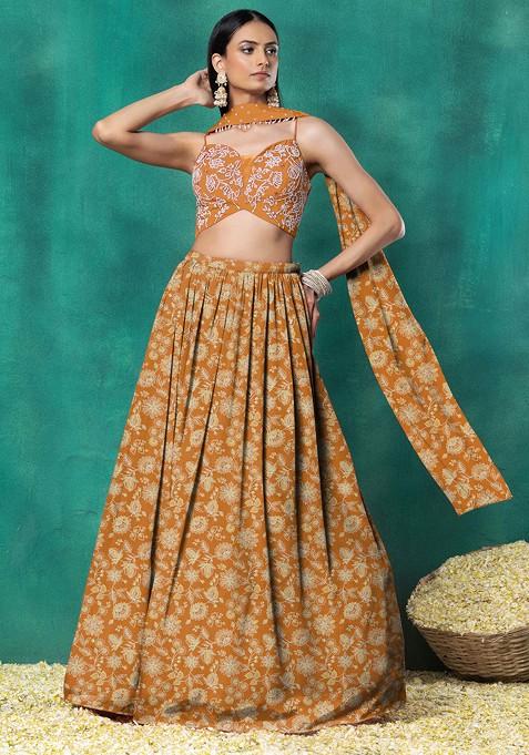 Orange Lehenga Set With Hand Embroidered Blouse And Choker Dupatta