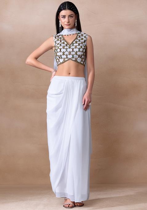 White Bead Embellished Georgette Draped Skirt Set