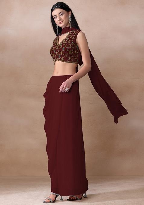 Deep Maroon Bead Embellished Georgette Draped Skirt Set