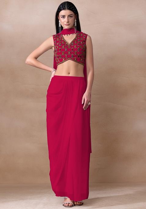 Pink Bead Embellished Georgette Draped Skirt Set