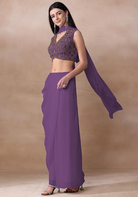 Bright Purple Bead Embellished Georgette Draped Skirt Set