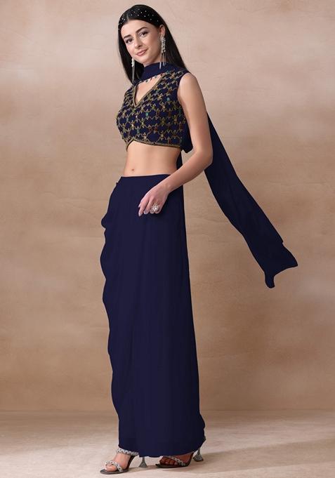 Midnight Blue Bead Embellished Georgette Draped Skirt Set