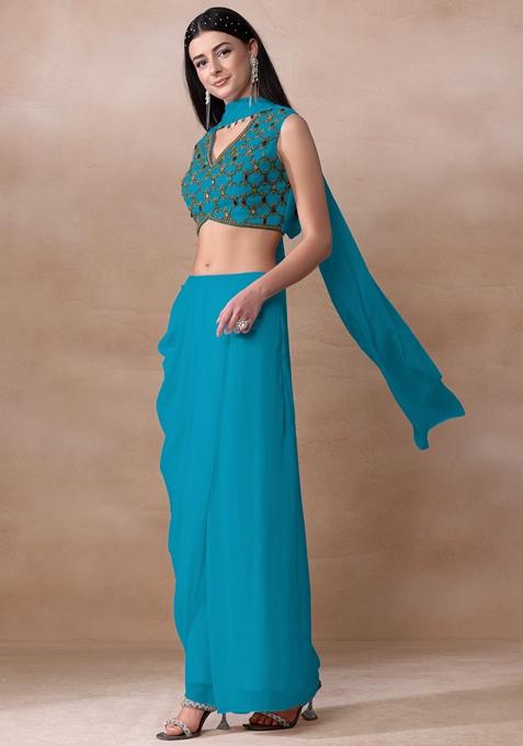 Turquoise Blue Bead Embellished Georgette Draped Skirt Set