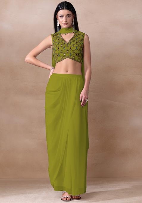 Fern Green Bead Embellished Georgette Draped Skirt Set