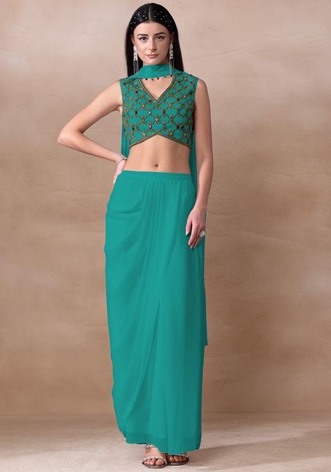 Aquamarine Blue Bead Embellished Georgette Draped Skirt Set