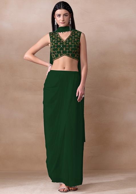 Dark Green Bead Embellished Georgette Draped Skirt Set