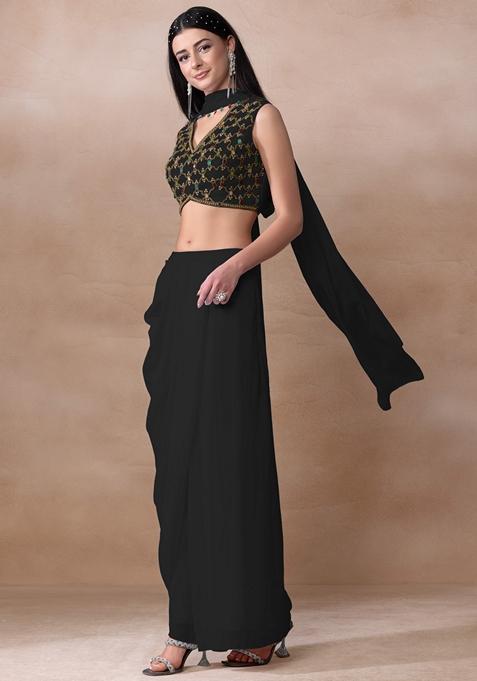 Black Bead Embellished Georgette Draped Skirt Set