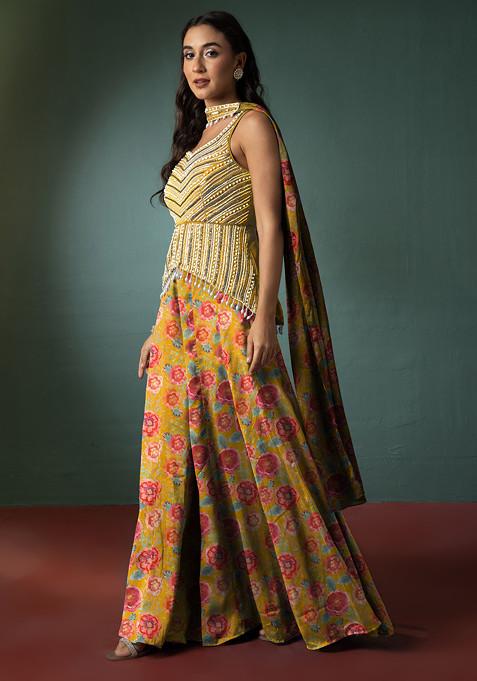 Yellow Sharara Set With Hand Embellished Short Kurta And Dupatta