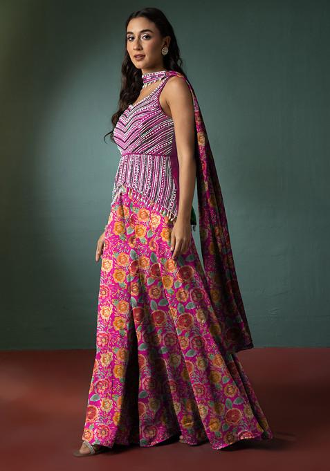 Pink Sharara Set With Hand Embellished Short Kurta And Dupatta