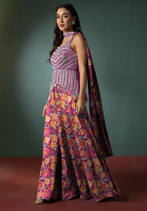 Purple Sharara Set With Hand Embellished Short Kurta And Dupatta