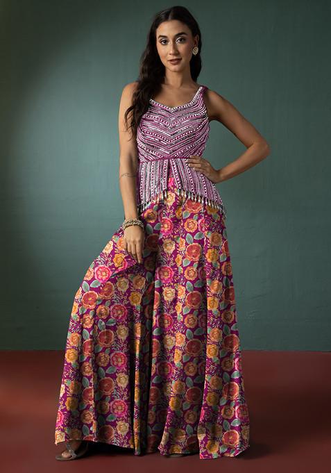 Elegant Purple Designer Thread Worked Kurta Sharara Set With  Dupatta