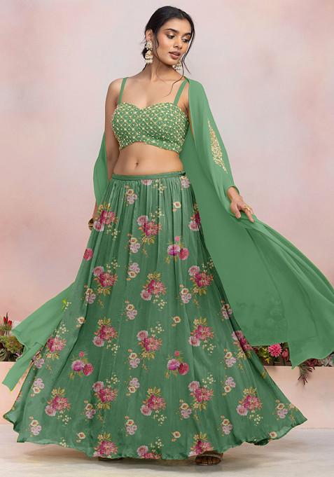 Green Lehenga Set With Sequin Pearl Hand Embroidered Blouse And Jacket