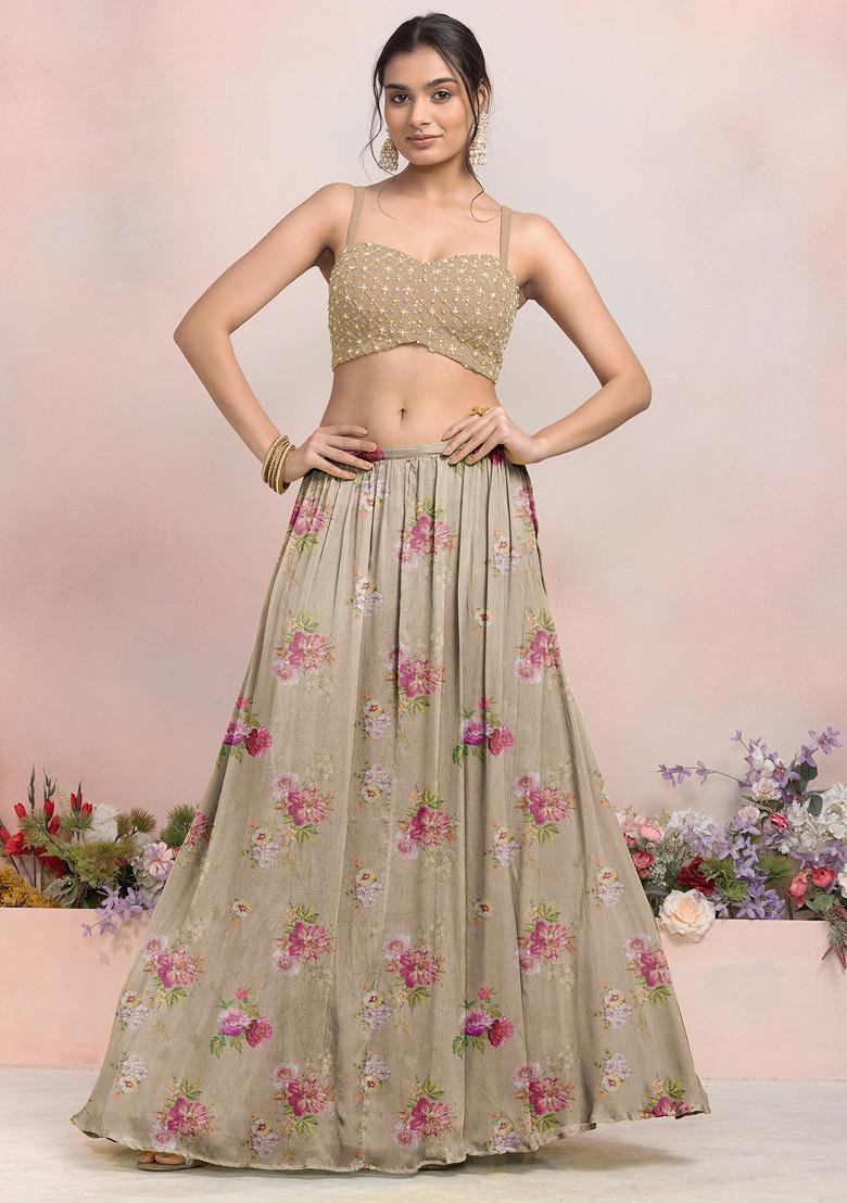 Beige Lehenga Set With Sequin Pearl Hand Embroidered Blouse And Jacket