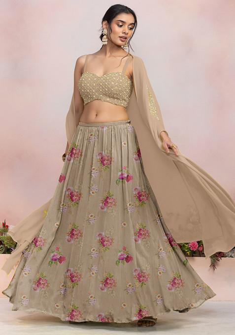 Beige Lehenga Set With Sequin Pearl Hand Embroidered Blouse And Jacket