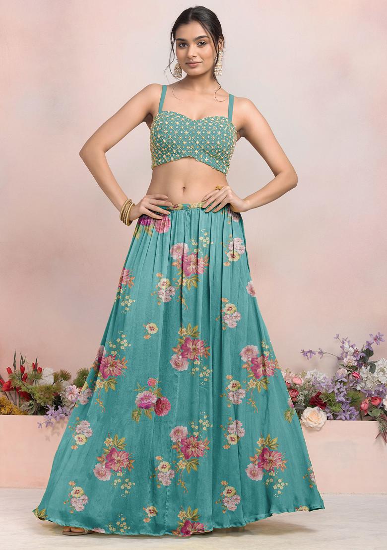 Blue Lehenga Set With Sequin Pearl Hand Embroidered Blouse And Jacket