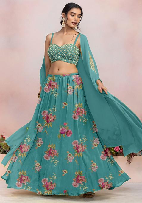 Blue Lehenga Set With Sequin Pearl Hand Embroidered Blouse And Jacket