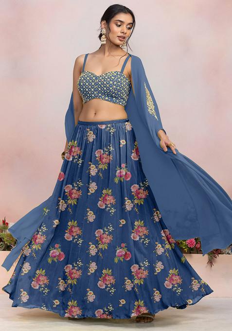 Navy Blue Lehenga Set With Sequin Pearl Hand Embroidered Blouse And Jacket