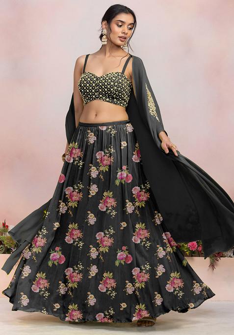 Black Lehenga Set With Sequin Pearl Hand Embroidered Blouse And Jacket