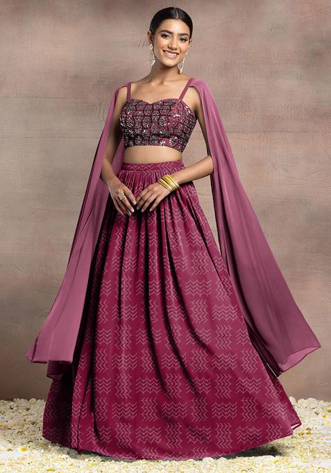 Pink Lehenga Set With Swarovski Hand Embroidered Cape Sleeve Blouse