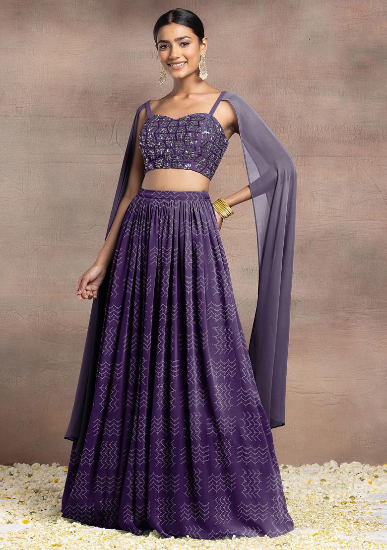 Purple Lehenga Set With Swarovski Hand Embroidered Cape Sleeve Blouse