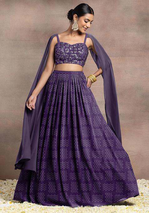 Purple Lehenga Set With Swarovski Hand Embroidered Cape Sleeve Blouse