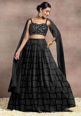 Black Lehenga Set With Swarovski Hand Embroidered Cape Sleeve Blouse