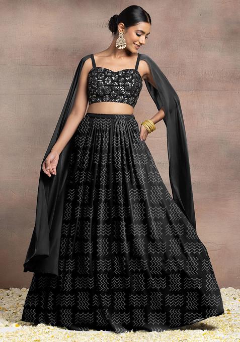 Black Lehenga Set With Swarovski Hand Embroidered Cape Sleeve Blouse