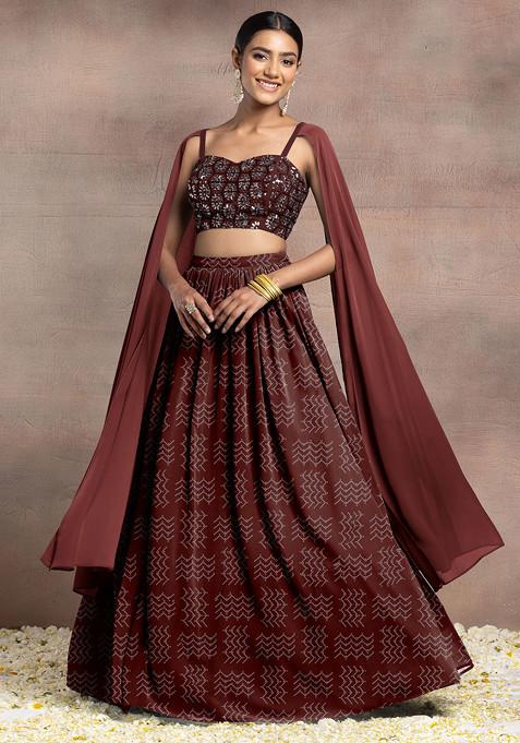 Maroon Lehenga Set With Swarovski Hand Embroidered Cape Sleeve Blouse