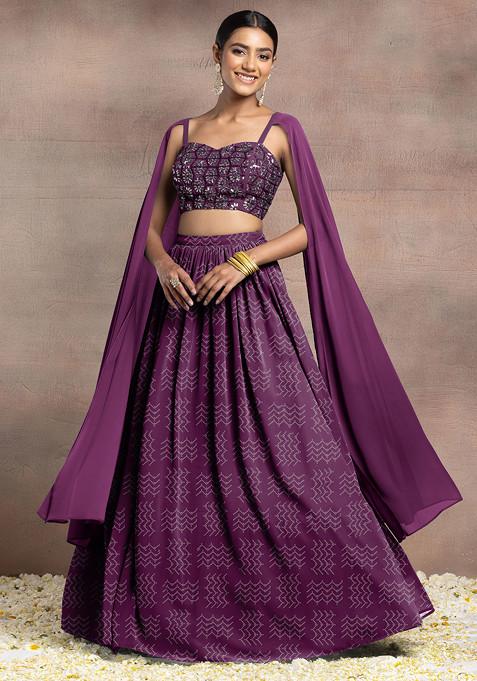 Purple Lehenga Set With Swarovski Hand Embroidered Cape Sleeve Blouse