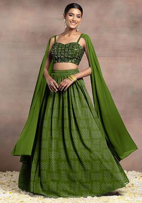 Green Lehenga Set With Swarovski Hand Embroidered Cape Sleeve Blouse