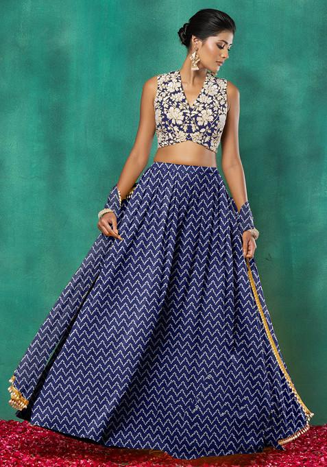 Navy Blue Lehenga Set With Floral Sequin Hand Embroidered Blouse And Dupatta