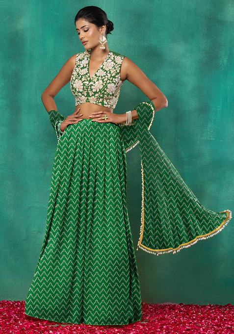 Mint Green Lehenga Set With Floral Sequin Hand Embroidered Blouse And Dupatta