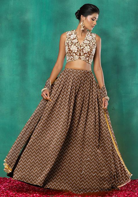 Brown Lehenga Set With Floral Sequin Hand Embroidered Blouse And Dupatta